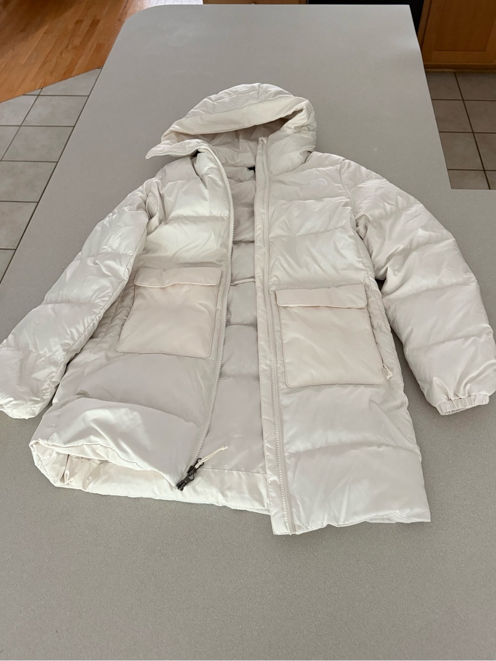 The North Face Women's Cream Long Puffer Coat with Hood
